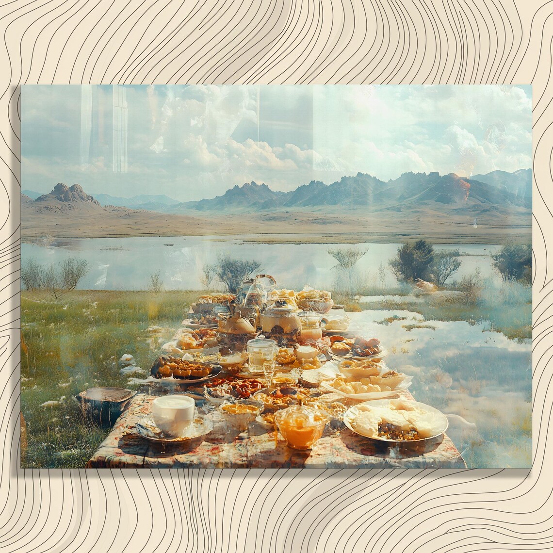 Surreal Picnic Feast by the Lake Dreamlike Double Exposure Art Poster