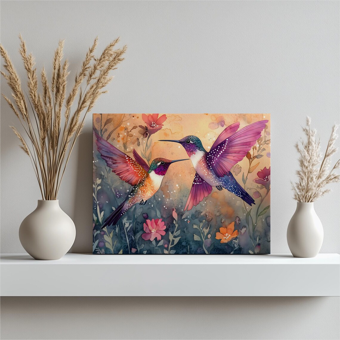 Pair of Vibrant Hummingbirds Watercolor Floral Garden Art Print