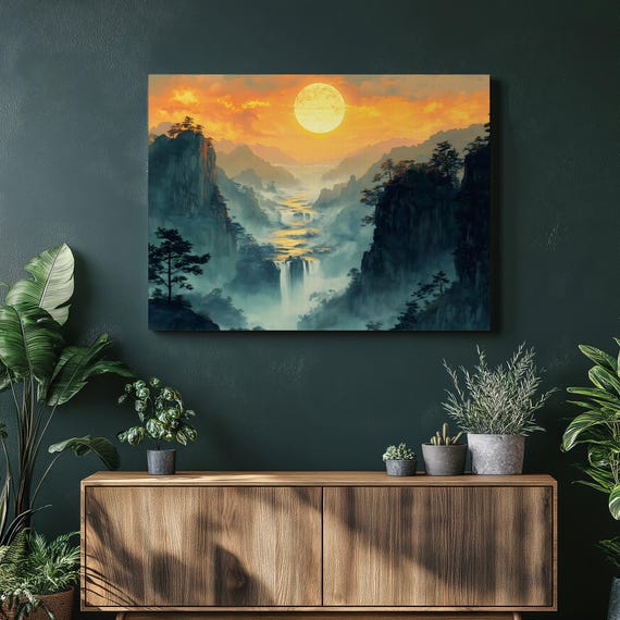Golden Canyon Waterfall Canvas Wall Art Serene Misty Mountains Sunrise Landscape Print With River Valley And Cascading Falls Nature Decor