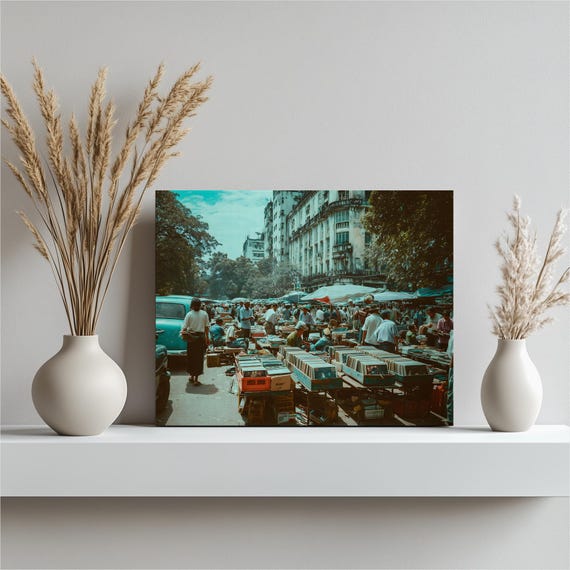 Vintage Street Market Canvas Wall Art Urban Photography Print With Vinyl Records Stalls Car Cityscape Travel Gift