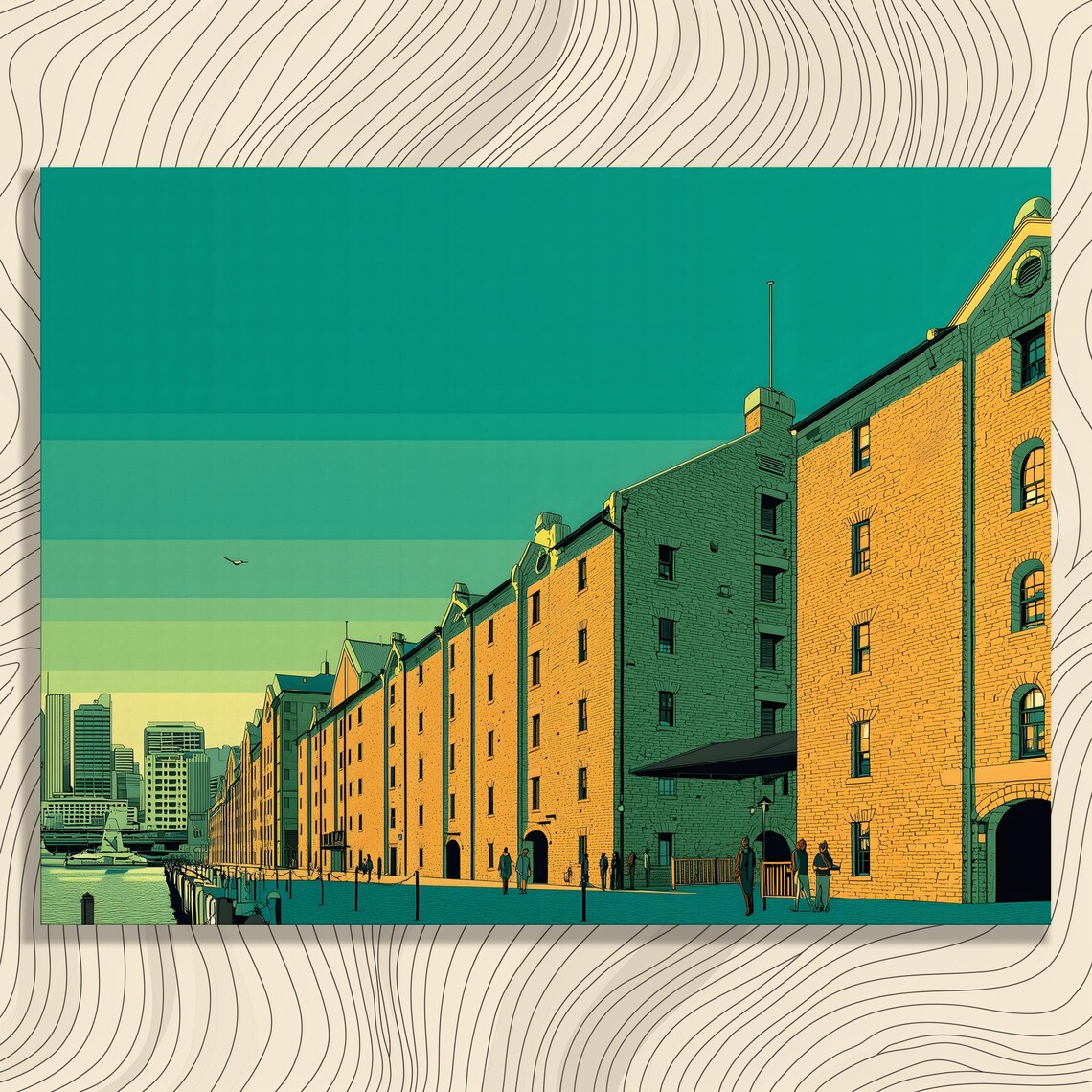 Stylized Cityscape Canvas Wall Art Modern Urban Skyline Print Historic Buildings Decor Green Beige Cubism Architecture Gift