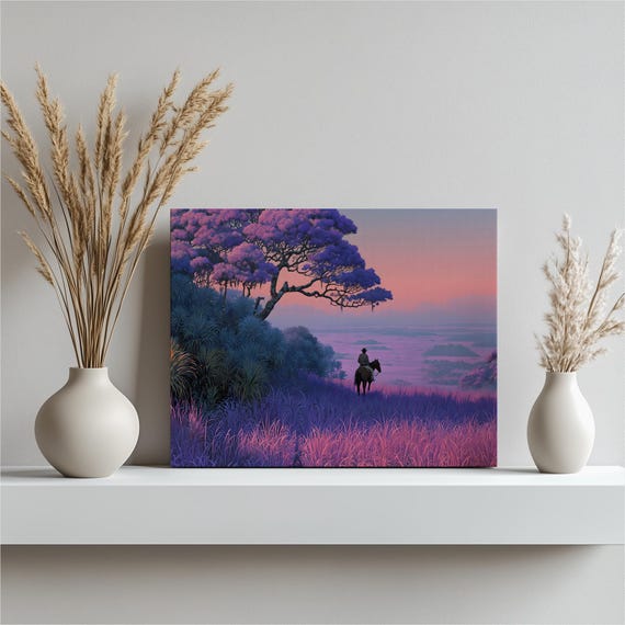 Sunset Landscape Canvas Wall Art Horseback Rider In Purple Field Nature Decor Pastoral Scene Print For Living Room Office