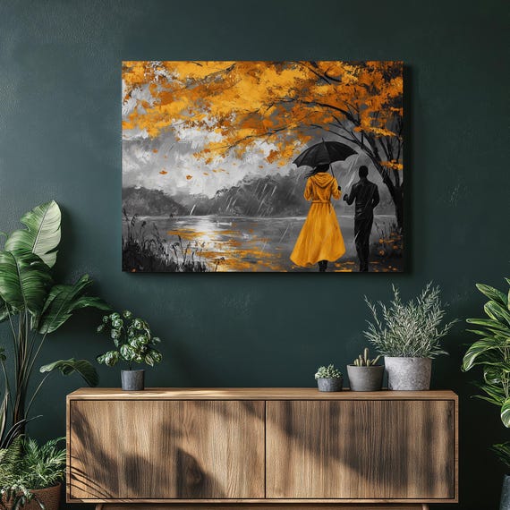Kinshasa Canvas Wall Art Vibrant Depiction Of A Woman In Raincoat Near Congo River Beautiful Trees Rich Colors Home Decor