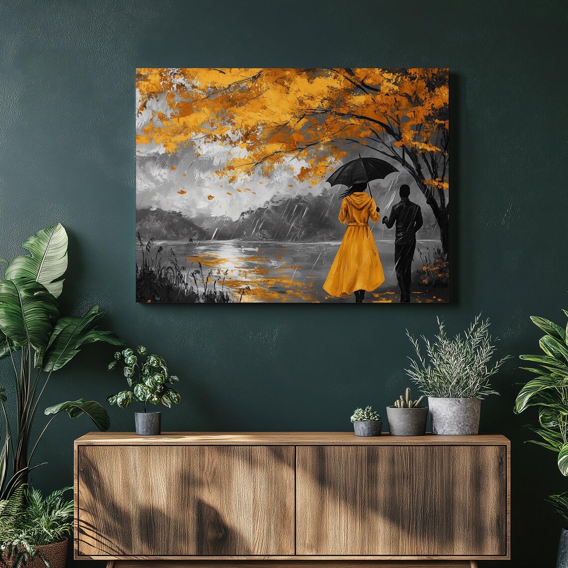 Couple Under Umbrella Rain Golden Autumn Romantic Walk Poster
