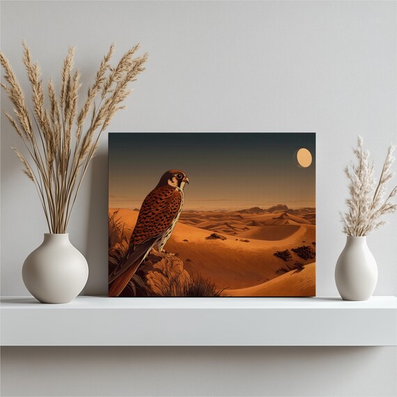 Falcon Desert Moon Canvas Wall Art Vintage Woodcut Print Wildlife Landscape With Moonlit Dunes And Starry Night Rustic Nature Gift