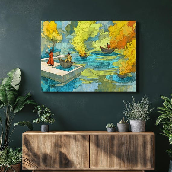 Surreal Boat Journey Canvas Wall Art Abstract Watercolor Print Colorful Cloud Landscape Modern Decor Nature Travel Illustration