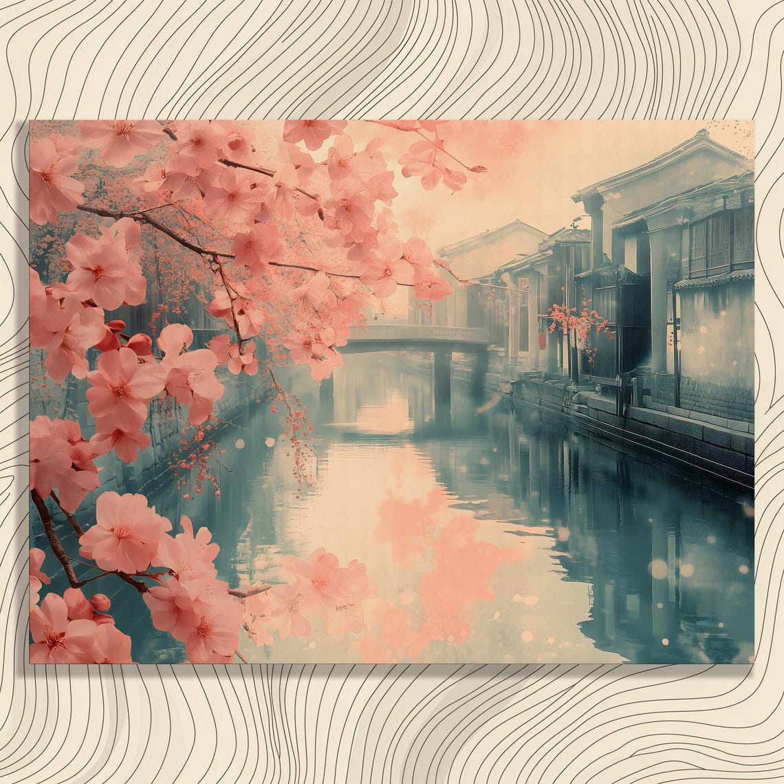 Cherry Blossom Canal Canvas Wall Art Vintage Spring Flowers Decor Serene Water Reflection Print Impressionism Style