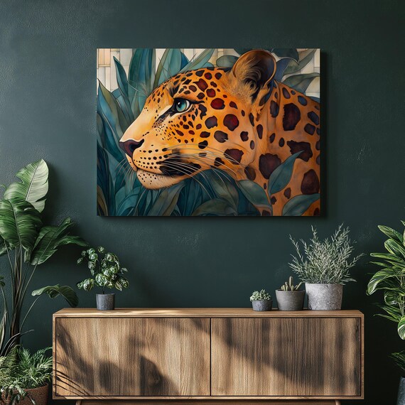 Jaguar Profile Tropical Leaves Dramatic Wildlife Portrait Art Print