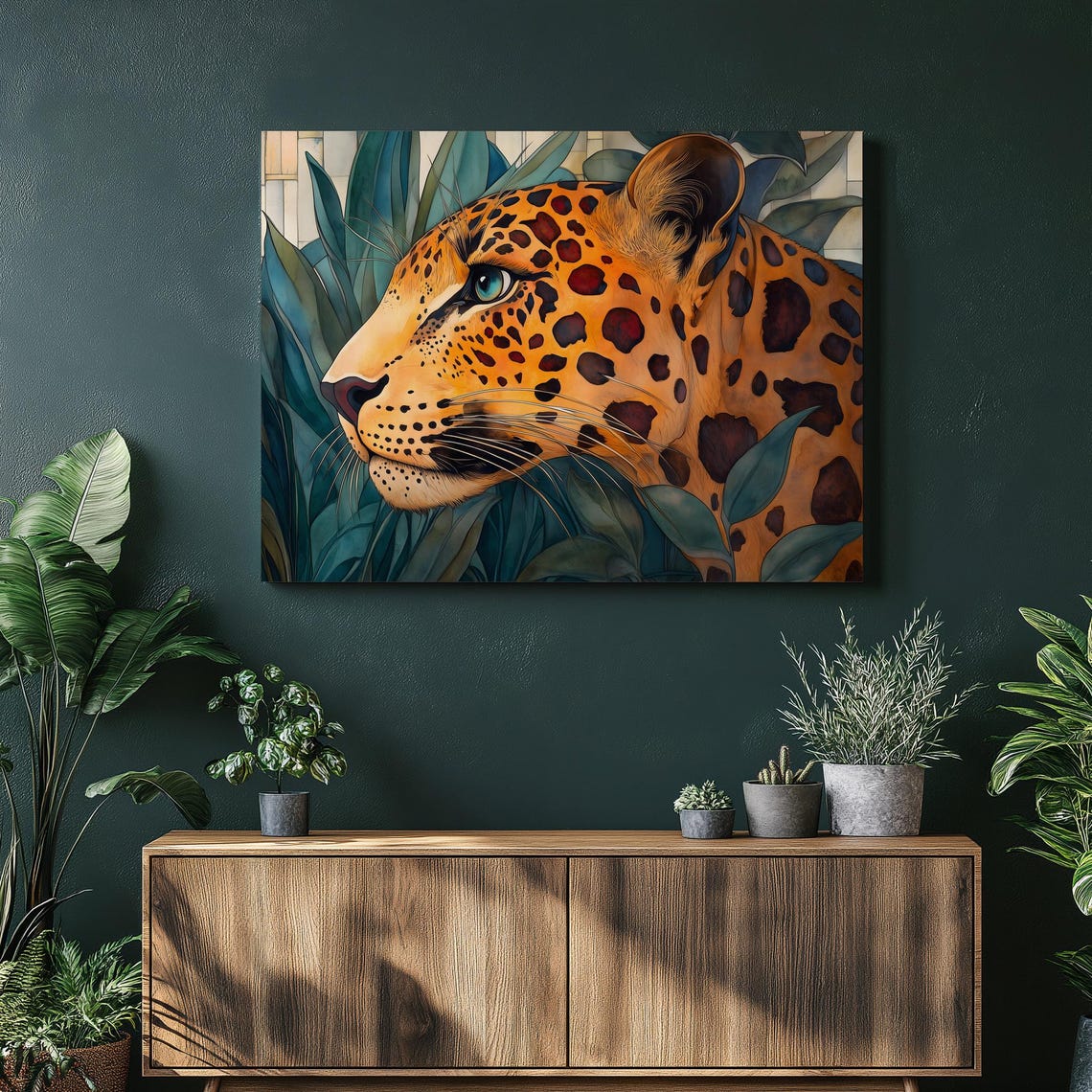 Leopard Profile Canvas Wall Art Tropical Foliage Wildlife Print Teal Botanical Jungle Decor Big Cat Portrait Nature Illustration
