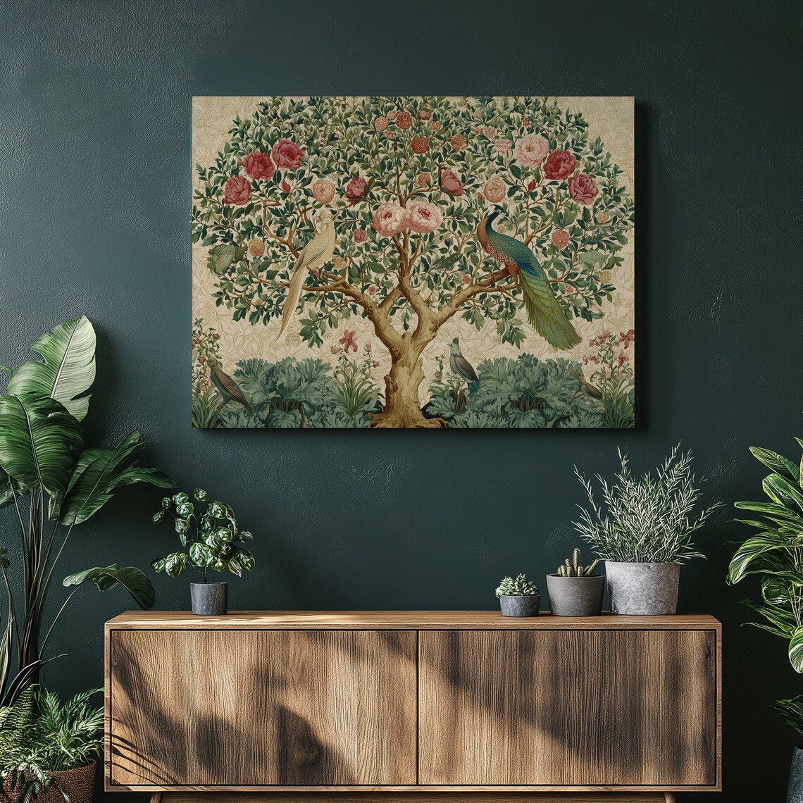 Botanical Rose Tree Peacocks Vintage Style Nature Garden Art Poster
