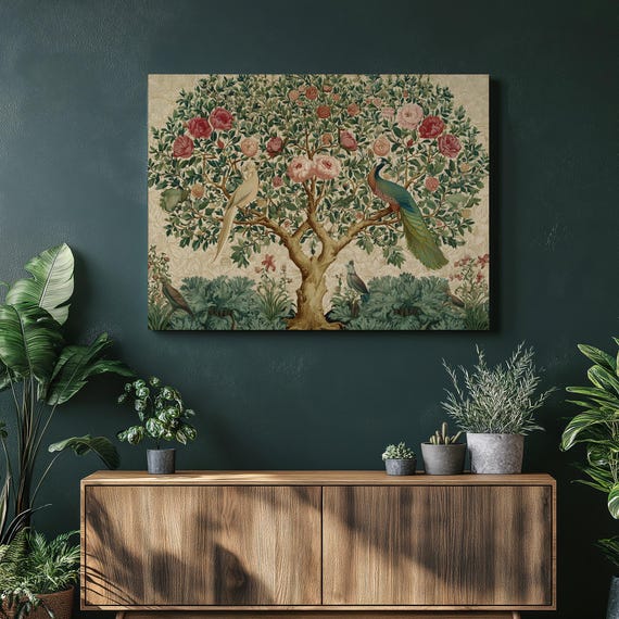 Peacock Botanical Canvas Wall Art Nature Decor Floral Bird Print Tropical Garden Greenery Design Tree Gift