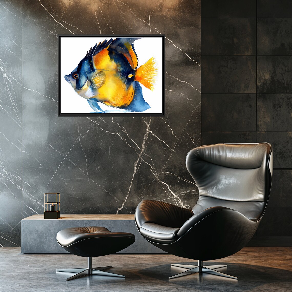 Blue Yellow Tropical Fish Watercolor Splash Bold Ocean Wildlife Poster