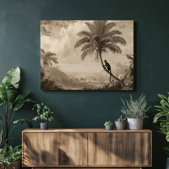 Vintage Tropical Monkey Canvas Wall Art Sepia Jungle Scene With Palm Tree Parrot Artwork Scenery Wildlife Print Botanical