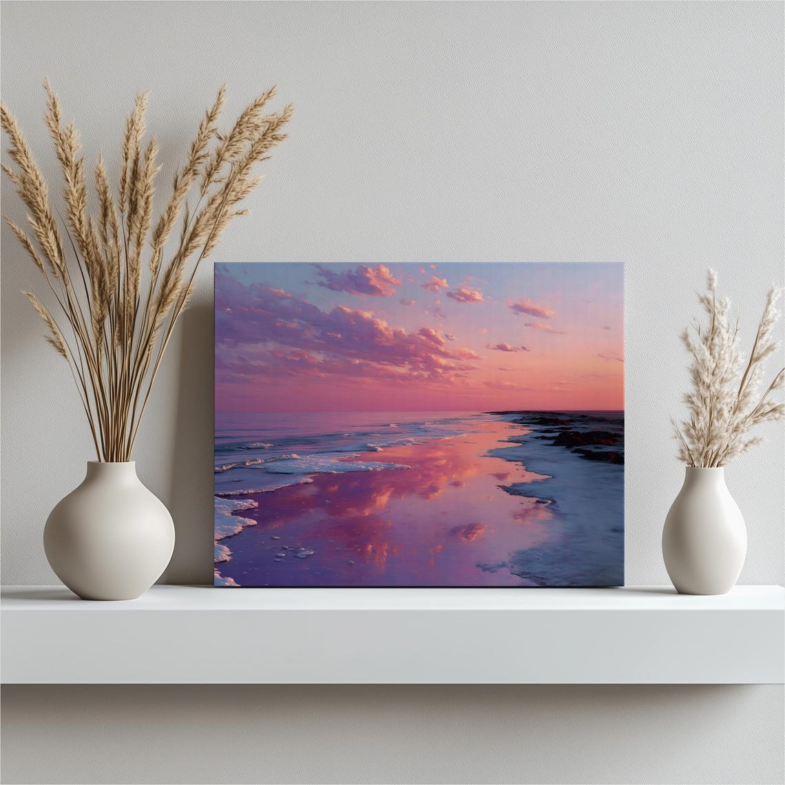 Pink Coastal Sunset Beach Ocean Waves Colorful Seascape Poster