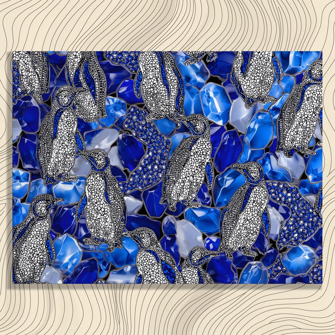 Blue Mosaic Penguins Geometric Gem Pattern Decorative Art Poster