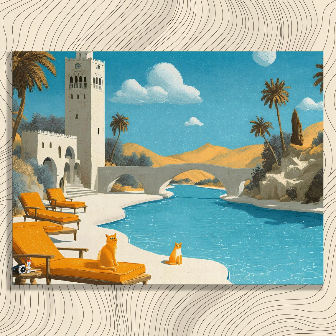 Retro Coastal Cats Orange Loungers Palm Trees Seaside Poster