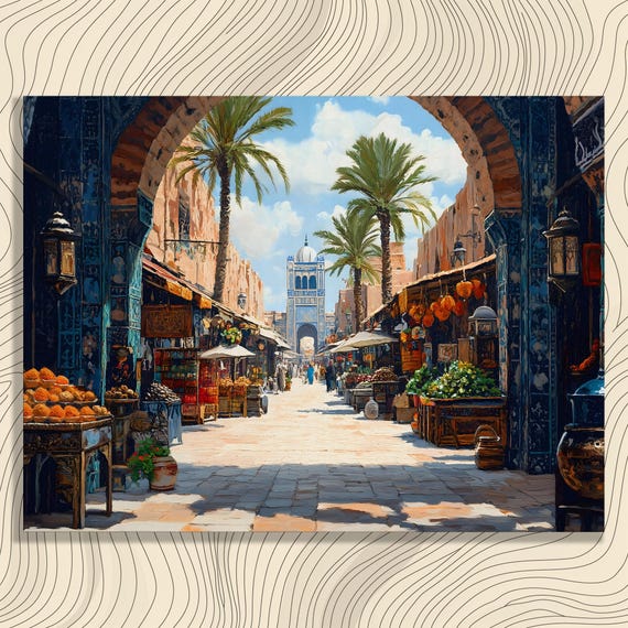 Vibrant Market Canvas Wall Art Grand Bazaar Palm Archway Scene Print Vintage Boho Architecture Decor Impressionist Painting