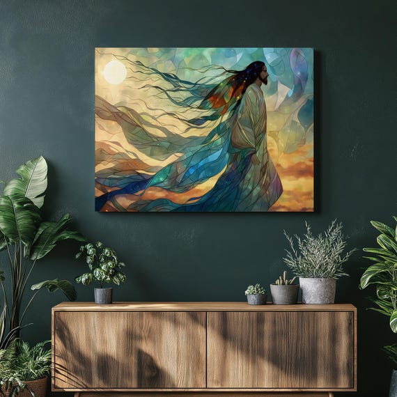 Celestial Robed Figure Canvas Wall Art Stained Glass Style Surreal Portrait With Flowing Robes And Sunrise Sky Glow For Spiritual Decor