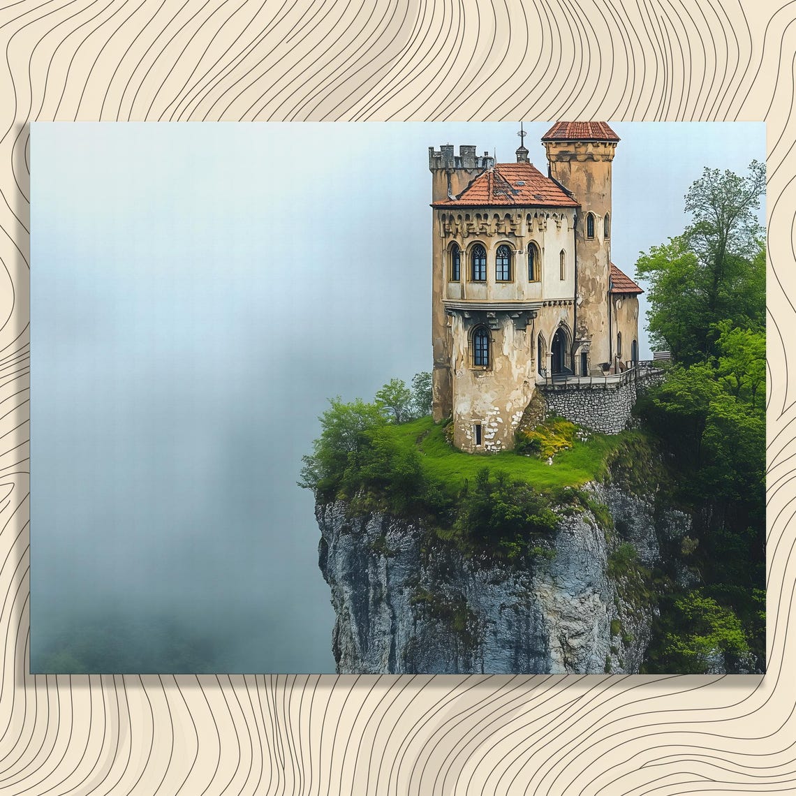 Misty Cliff Castle Ancient Stone Fortress Foggy Landscape Poster