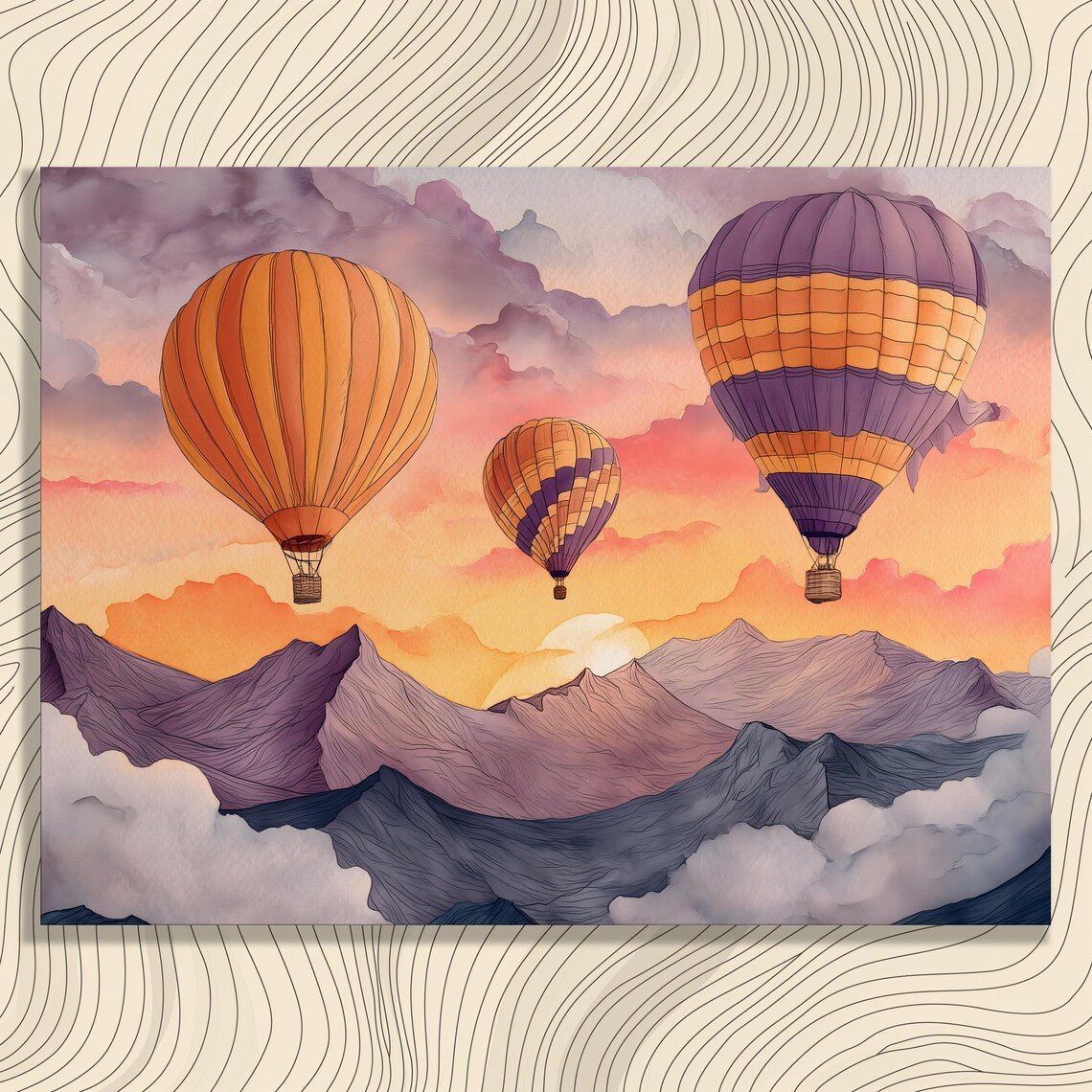 Hot Air Balloons Over Mountain Sunrise Watercolor Landscape Art Poster