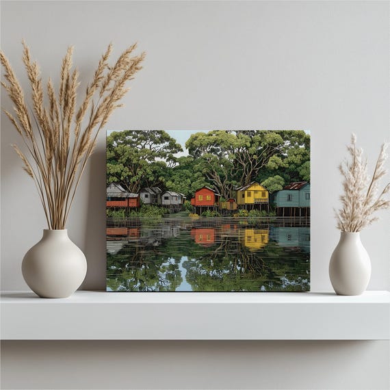 Tropical Riverside Canvas Wall Art Colorful Stilted Homes By Calm Water With Jungle Canopy Mirrored River Nature Decor Village Print