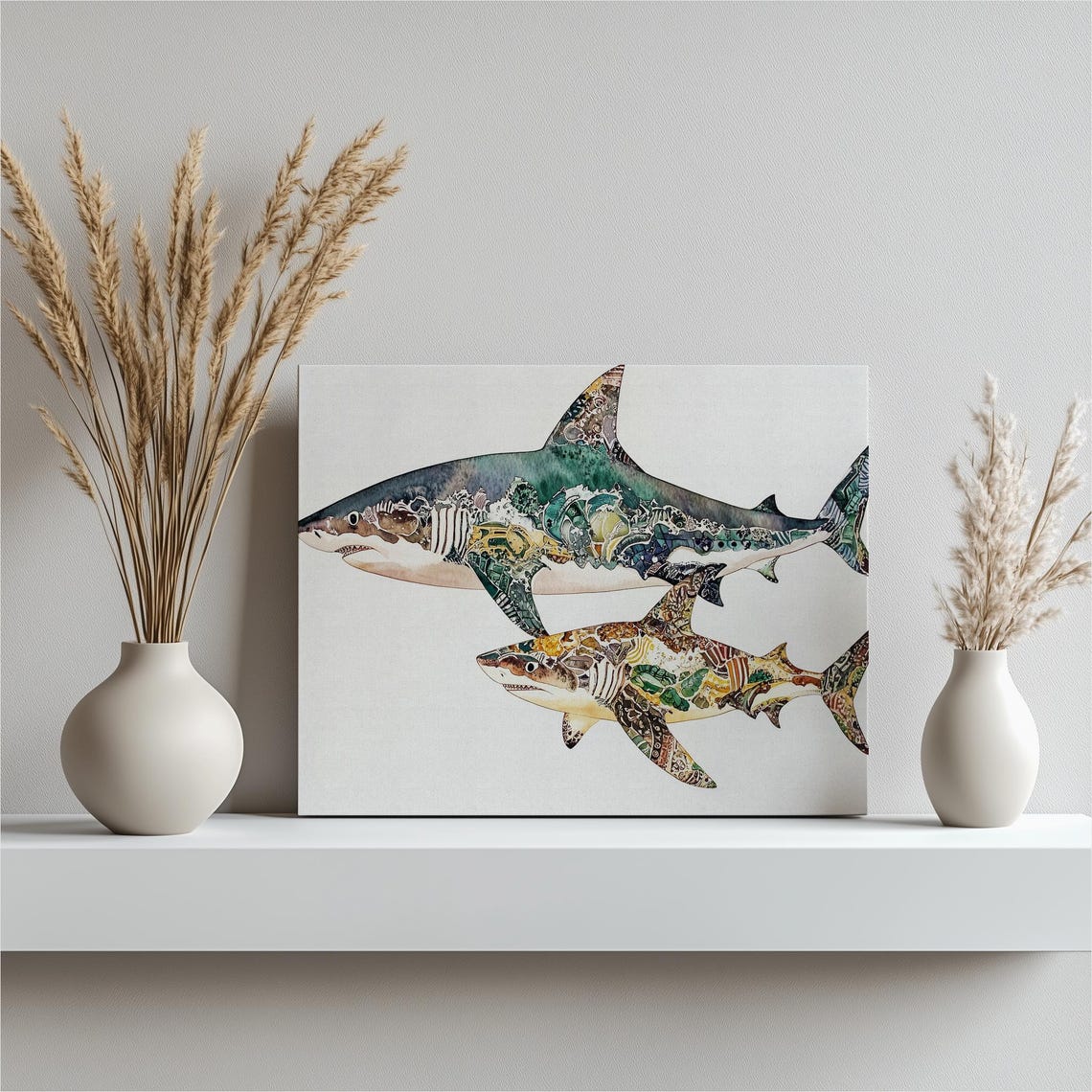 Canvas Wall Art Majestic Painting Of Mother And Baby Sharks Ocean Animal Decoration Watercolor Print Nature Inspired