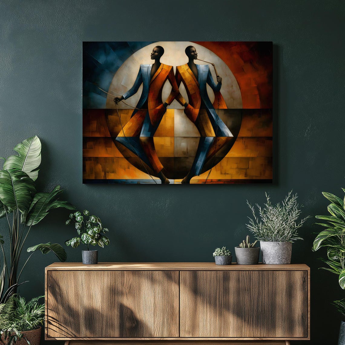 Cubist Dancers Abstract Poster Geometric Mirrored Figures Warm Tones