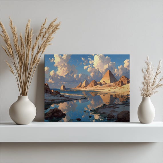 Colorful Pyramid Seascape Canvas Wall Art Coastal Desert Scenery Sky Blue Water Reflection Clouds Printed Ancient Sites Travel