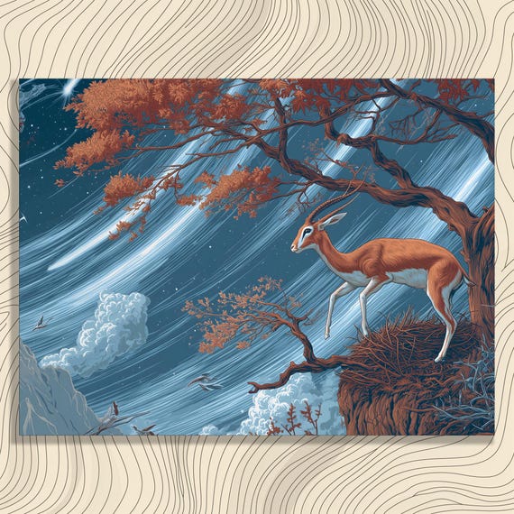 Surreal Gazelle Canvas Wall Art Wildlife Print Modern Nature Decor Fantasy Painting Starry Sky Mountains Autumn Foliage Blue Orange Gift