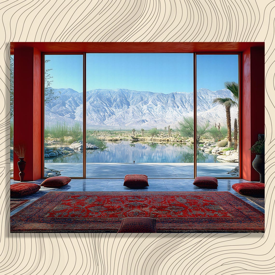Serene Desert Mountain Window View Red Interior Tranquil Art Poster
