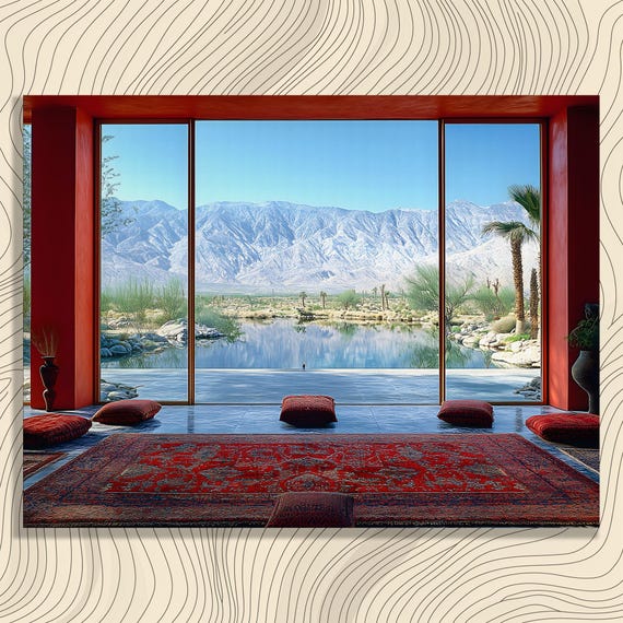 Serene Desert Mountain Canvas Wall Art Tranquil Interior Window View Landscape Painting Modern Home Decor Nature Scene