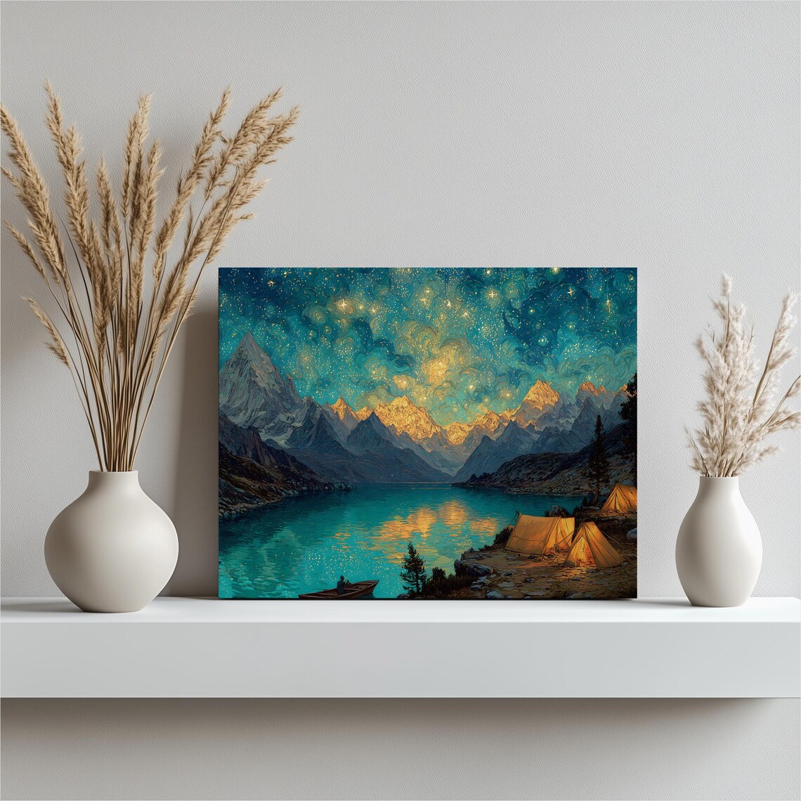 Starry Night Mountain Lake Campsite With Glowing Tents Painting Poster