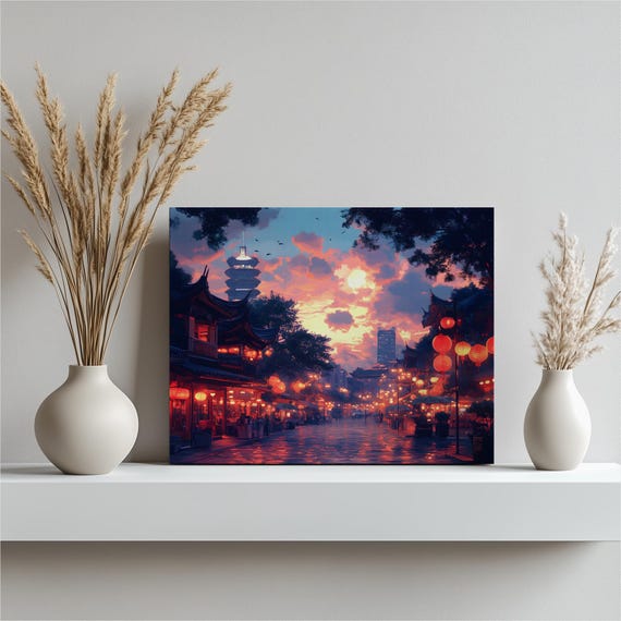 Singapore Lantern Street Canvas Wall Art Dusk Night Market Skyline Pagoda Roofs Glowing Reflections Modern Tower Cityscape Prin