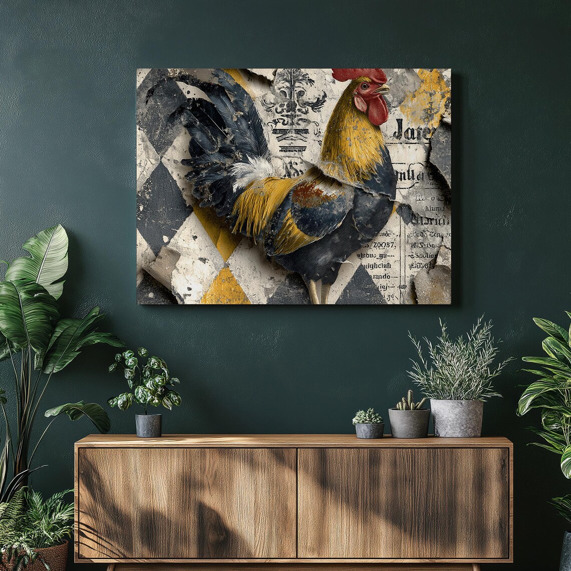 Rooster on Vintage Newspaper Grunge Collage Farmhouse Art Poster