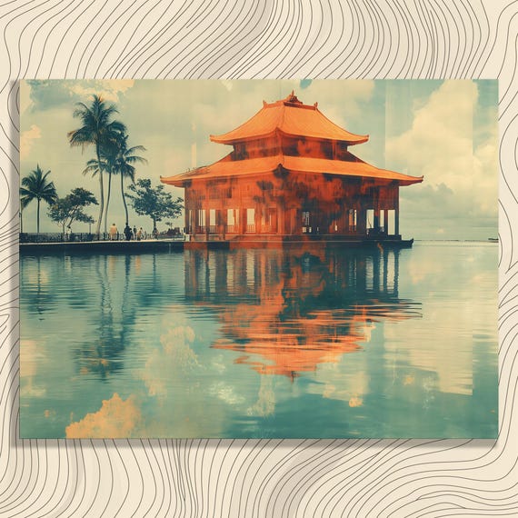 Serene Pagoda Canvas Wall Art Modern Water Reflection Landscape Print With Tropical Palm Trees And Cloudy Sky For Nature Lovers