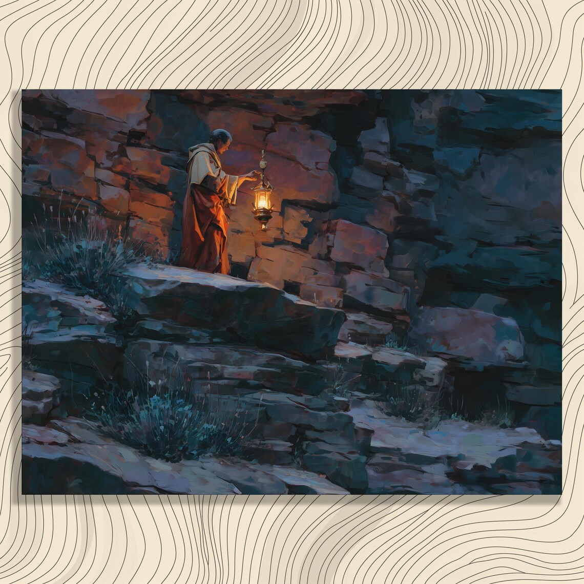 Canyon Explorer Holding Lantern on Rocky Desert Cliff at Night Poster