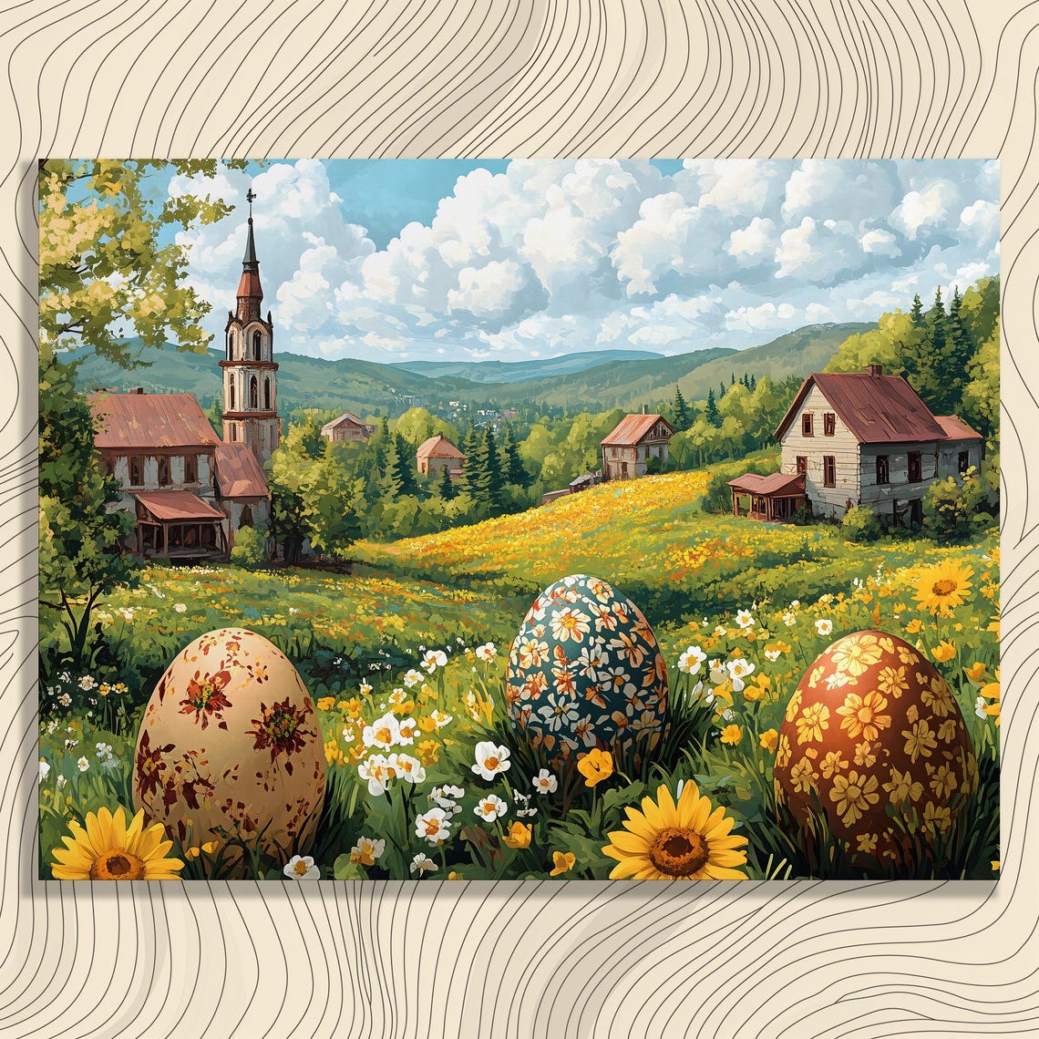 Giant Decorated Easter Eggs in Spring Village Flower Meadow Wall Art