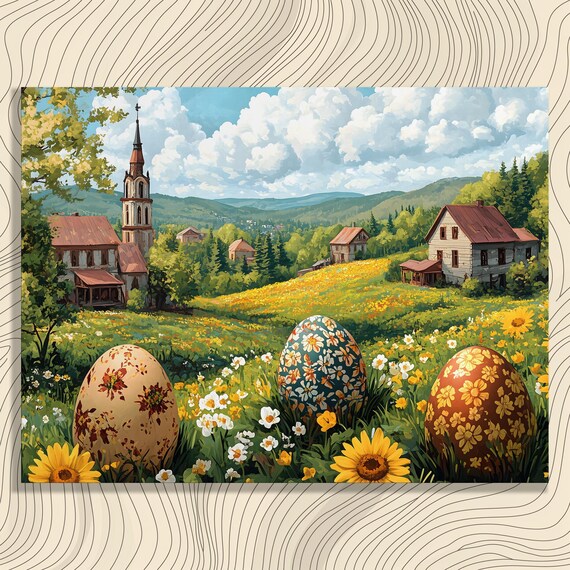 Giant Decorated Easter Eggs in Spring Village Flower Meadow Wall Art