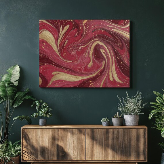 Red Gold Marble Swirl Luxury Abstract Fluid Painting Wall Art