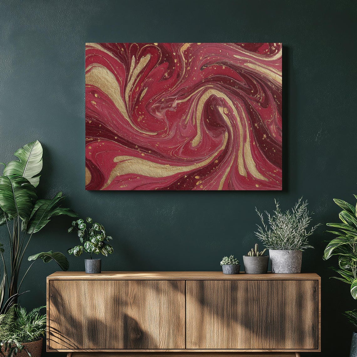 Red Gold Marble Swirl Luxury Abstract Fluid Painting Wall Art