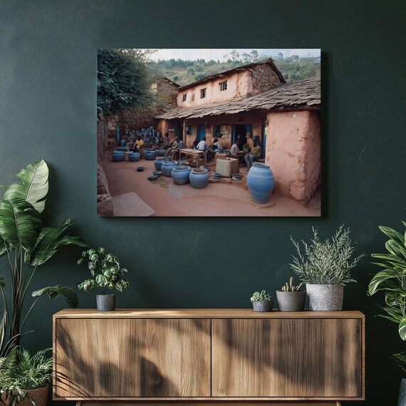 Rustic Pottery Workshop Artisan Blue Clay Pots Village Wall Poster