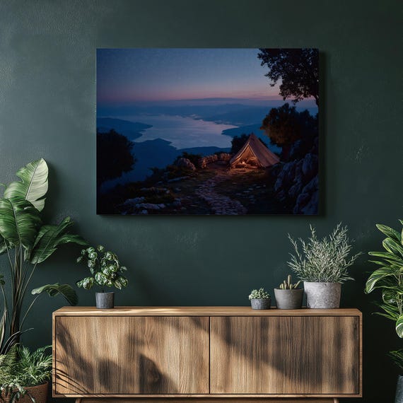 Glowing Camping Tent Canvas Wall Art Starry Sky Over Lake And Mountains Dark Landscape Nature Print Rustic Decor Painting Gift