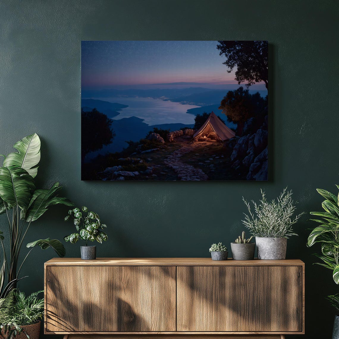 Glowing Camping Tent Starry Night Sky Above Ocean Bay Art Poster