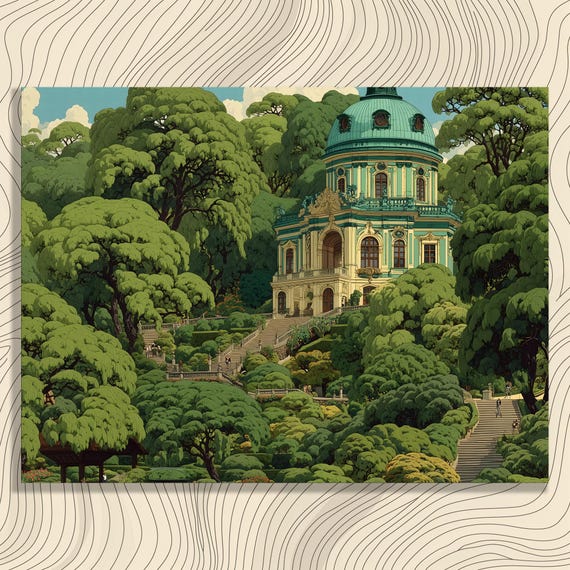 Ornate Domed Palace Canvas Wall Art Colorful Botanical Gardens Landscape Painting Architectural Design Illustration Fine Print