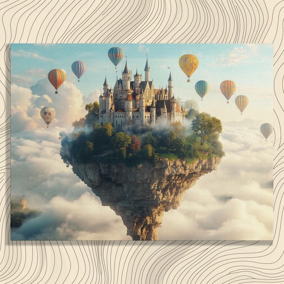 Castle Canvas Wall Art Floating Island With Balloons Scenic Cloud Fantasy Hot Air Unique Decor Living Room