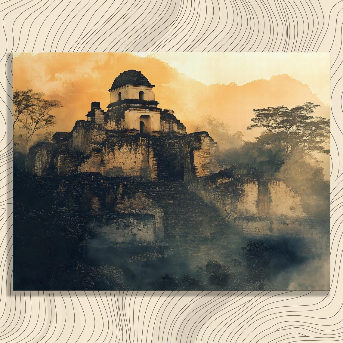 Ancient Mayan Temple Ruins Golden Hour Mist Jungle Art Poster