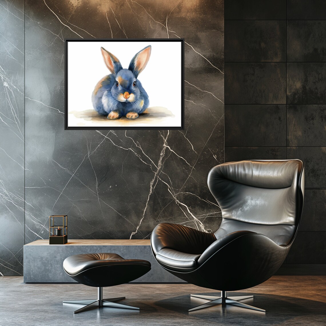 Sweet Bunny Rabbit Sitting Blue Watercolor Animal Art Poster