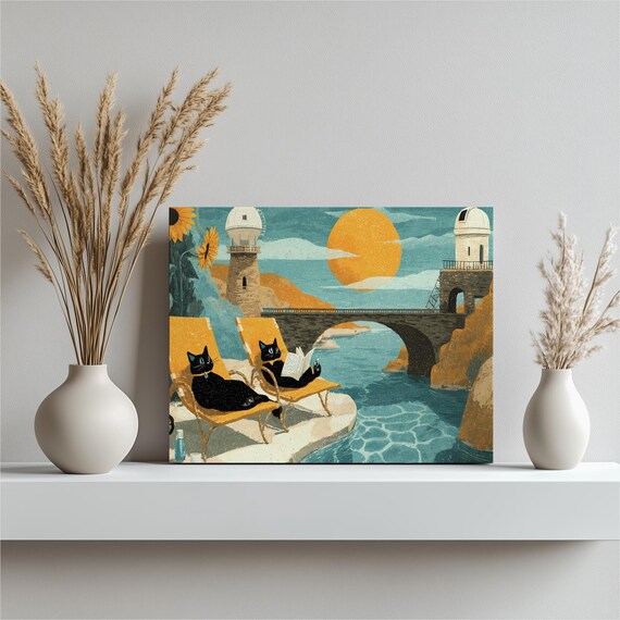 Black Cats Relaxing By The Sea Coastal Bridge Summer Fun Art Poster