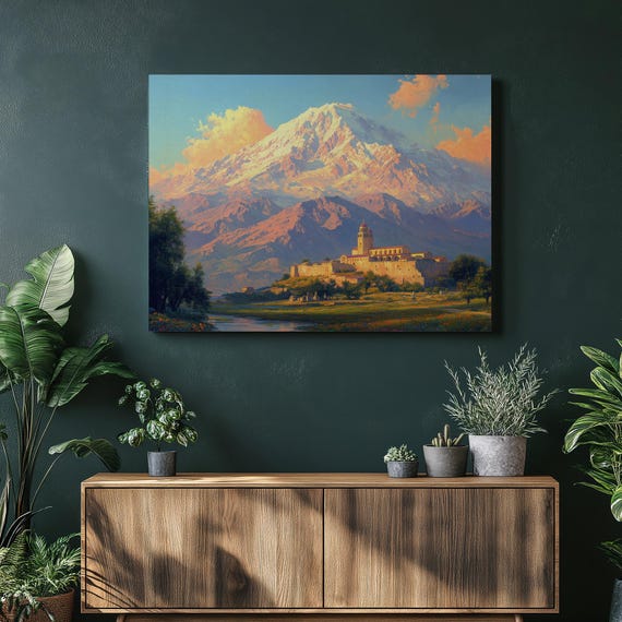 Majestic Mount Ararat Canvas Wall Art Castle River Landscape With Lush Greenery Monastery Sunrise Decor For Living Room Office