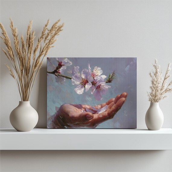 Cherry Blossom Petals Falling into Hand Soft Floral Painting Poster